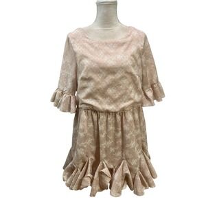 Indikah‎ Dress Womens Large Beige White Mini Lined Cottage Boho Prairie Ruffle